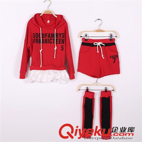 春款女童專區 2015童裝新潮女童氣質連帽包臀熱褲 時尚襪套春夏女童套裝三件套原始圖片3