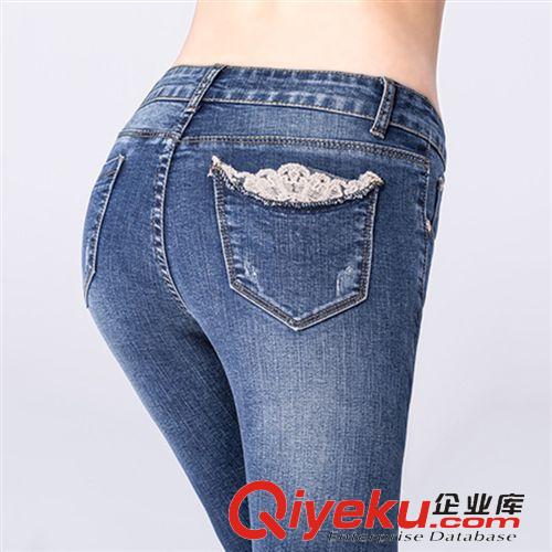 牛仔褲 春裝新款時尚百搭牛仔修身顯瘦 蕾絲花邊褲腳 女鉛筆褲實拍原始圖片3
