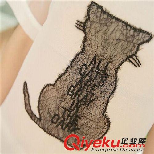 女士上衣T恤 短袖女T恤雪紡拼接打底衫寬松貓咪可愛圖案圓領(lǐng)上衣原始圖片2