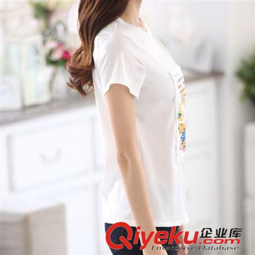 女士上衣T恤 2015夏季新款女韓版圓領(lǐng)白色短袖貼布嘴唇印花T恤短袖女原始圖片2