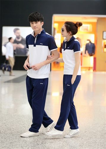 短套裝 韓版時尚情侶純棉運動套裝 個性拼色立領男女舒適短袖休閑套裝原始圖片3