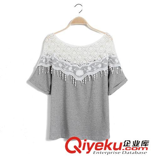 外貿爆款！ 女裝春季外貿甜美蕾絲鏤空手工鉤花披肩領蝙蝠袖中長款T恤女批發(fā)原始圖片2