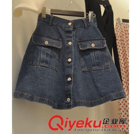 5.26 2015韓國代購夏季新款復(fù)古深色高腰牛仔大擺A字裙半身裙 女