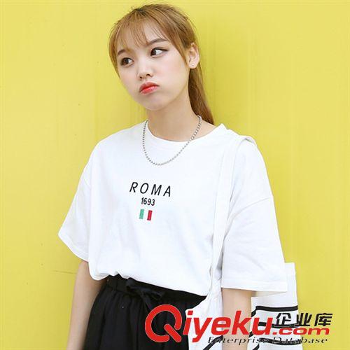 5.12 2015韓國東大門ROMA羅馬刺繡圖案甜美百搭寬松短袖T恤 女