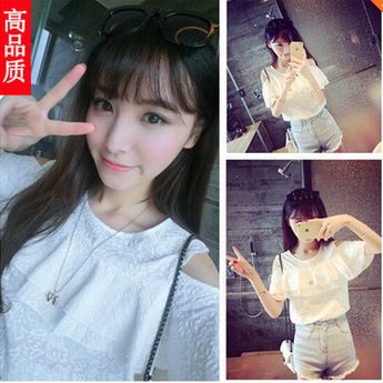 5月30號新款 一件代發2015韓版新款甜美百搭荷葉邊氣質露肩上衣女