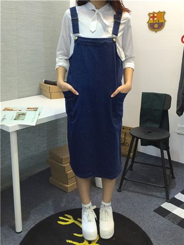 5月14號新款 2015韓國夏季新款牛仔背帶裙連衣裙 中長款牛仔連衣裙原始圖片3