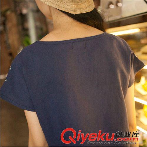 森女系 森女系2015夏簡約文藝圖案深藍(lán)色棉麻女式上衣寬松休閑t恤女原始圖片2