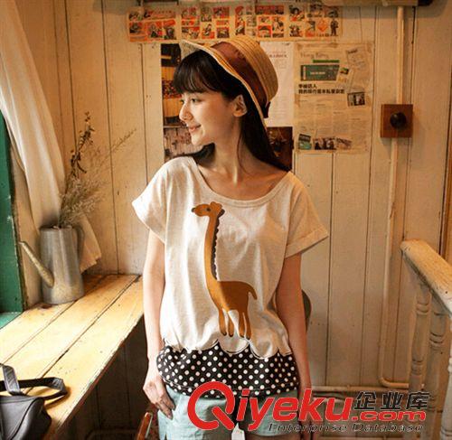 森女系 日系小清新 卡通長頸鹿點(diǎn)點(diǎn)簡約全棉休閑女式上衣 短袖t恤女 2234原始圖片2