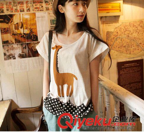 森女系 日系小清新 卡通長頸鹿點(diǎn)點(diǎn)簡約全棉休閑女式上衣 短袖t恤女 2234原始圖片3