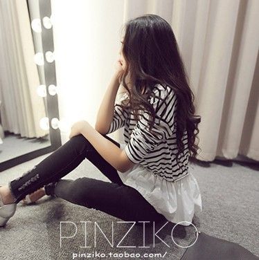 打底衫 2015早春新款 韓版黑白條紋棉荷葉邊下擺 蝙蝠長袖T恤女原始圖片2
