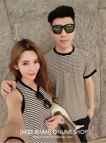小背心/吊帶 韓版簡約款 情侶t恤條紋短袖女無袖背心裙原始圖片2