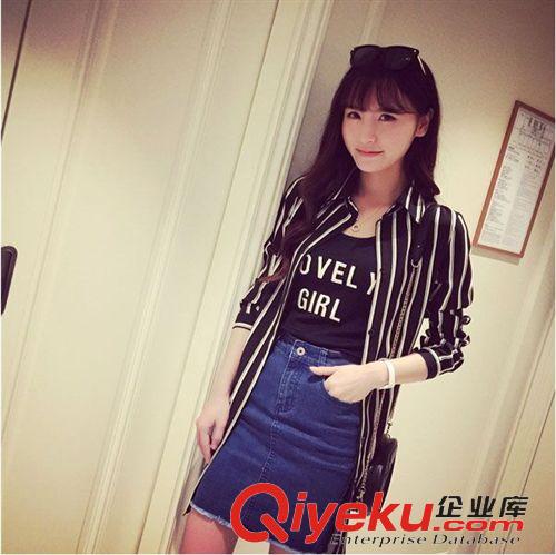 防曬衣 2015春夏新款歐美dp百搭豎條紋顯瘦中長款襯衫女