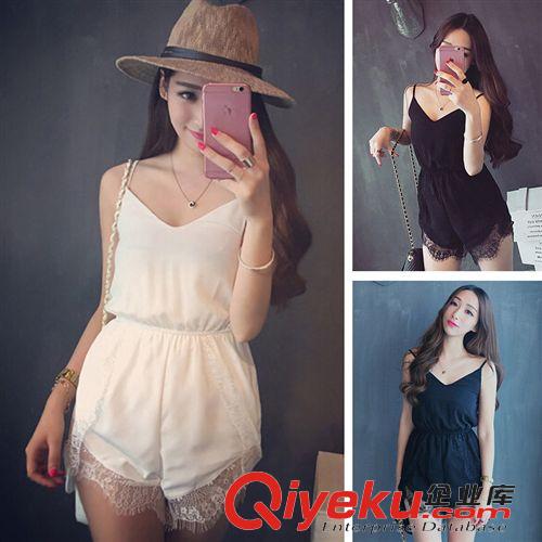 背帶褲/背帶裙 夏季新品女裝 時(shí)尚韓版性感百搭睫毛蕾絲V領(lǐng)吊帶雪紡連體褲
