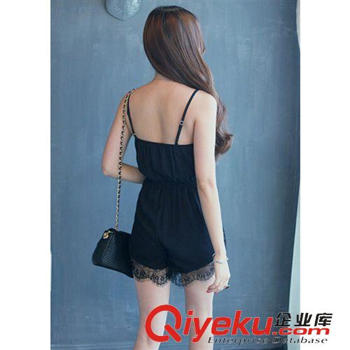 背帶褲/背帶裙 夏季新品女裝 時(shí)尚韓版性感百搭睫毛蕾絲V領(lǐng)吊帶雪紡連體褲