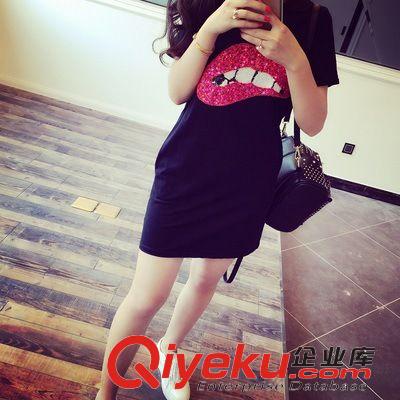4月上旬新款 2015春夏季新款 韓版時(shí)尚純棉亮片嘴唇中長(zhǎng)款女士短袖打底T恤原始圖片3