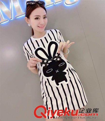 4月上旬新款 韓版女裝2015春裝新款 豎條紋胸前卡通圖案裝飾修身連衣裙 純棉原始圖片3