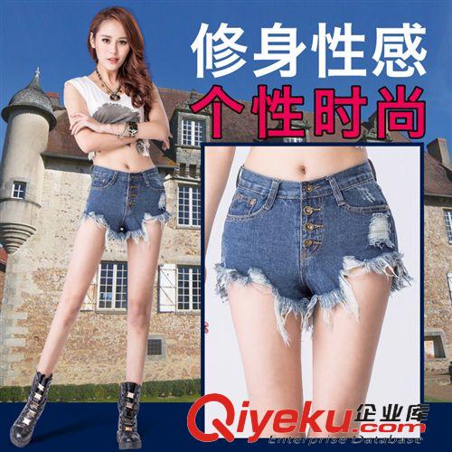 牛仔專區 2015歐美新款潮牛仔短褲女下擺流蘇4粒扣高腰短褲原始圖片3