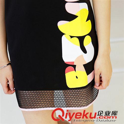 歐洲站 歐洲站2015夏季新款女裝歐美字母印花拼接鏤空網(wǎng)格短袖直筒連衣裙