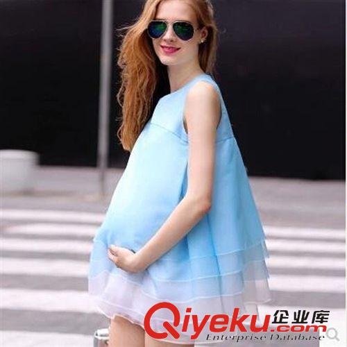 孕婦裝系列 2015夏季新款時(shí)尚甜美可愛(ài)清新無(wú)袖寬松娃娃歐根紗孕婦連衣裙原始圖片3