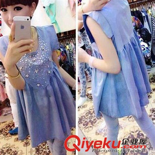 孕婦裝系列 2015夏裝新款時(shí)尚韓版拼接品牌大碼寬松孕婦牛仔短袖連衣裙