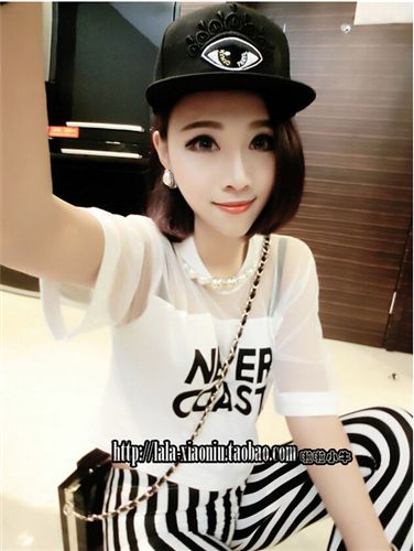 女式T恤 短款網紗露肩短袖T恤時尚名媛范性感夜店修身顯瘦露臍上衣女夏潮原始圖片2