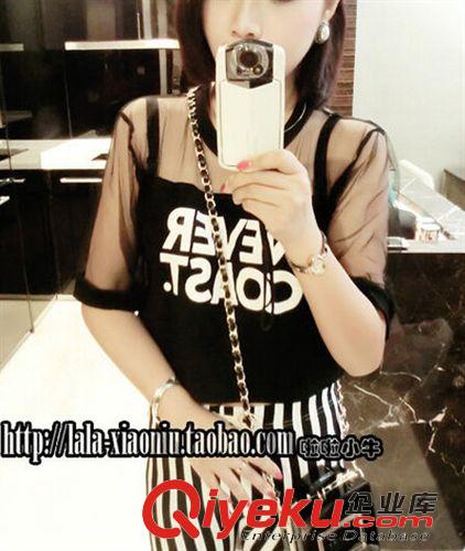 女式T恤 短款網紗露肩短袖T恤時尚名媛范性感夜店修身顯瘦露臍上衣女夏潮原始圖片3