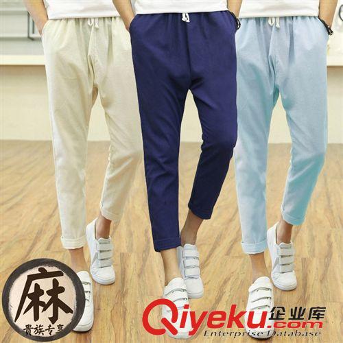 店長(zhǎng)推薦/爆款 2015 男士小腳褲休閑褲 夏季九分褲 亞麻系繩男裝潮褲子 廠家批發(fā)原始圖片2