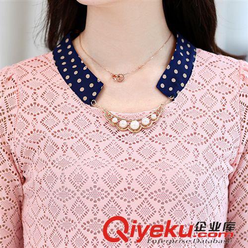 精品女上裝 2015蕾絲拼接雪紡衫春裝圓領修身喇叭袖時尚小衫格子拼色衫原始圖片3