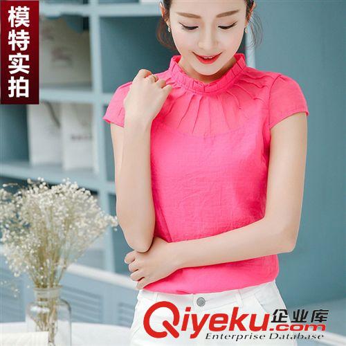 精品女上裝 夏季2015韓版荷葉邊立領(lǐng)短袖雪紡衫女上衣原始圖片3