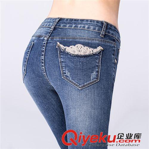 休閑女褲 2015春裝新款時尚百搭修身顯瘦牛仔褲 蕾絲花邊褲腳 女鉛筆褲原始圖片3
