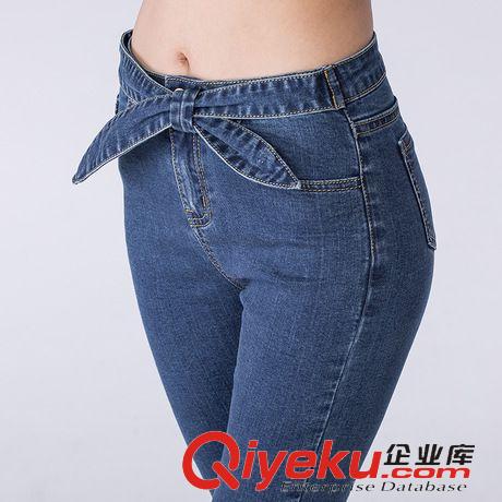 休閑女褲 2015春裝新品蝴蝶結(jié)高腰修身窄腳牛仔褲 韓版超顯瘦小腳褲
