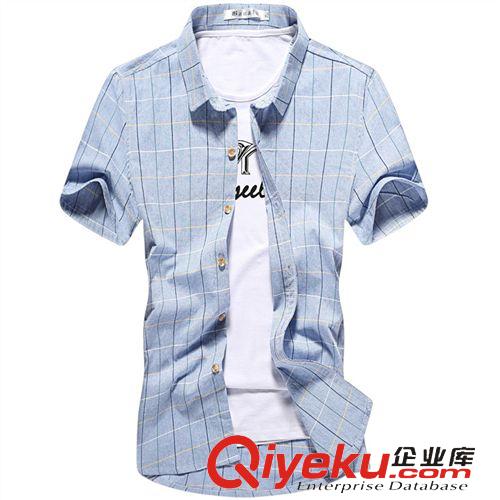 男式襯衣 2015夏裝新款韓版男式格子時(shí)尚翻領(lǐng)短袖襯衫爆款原始圖片3