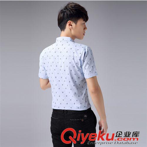 店長推薦 2015夏季新款男裝短袖襯衫 韓版修身時尚印花男式襯衣