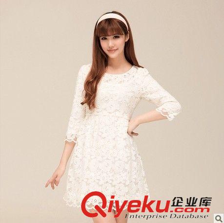 連衣裙 2015春夏季韓版修身文藝森女小清新仙女蕾絲連衣裙短袖中長款裙子