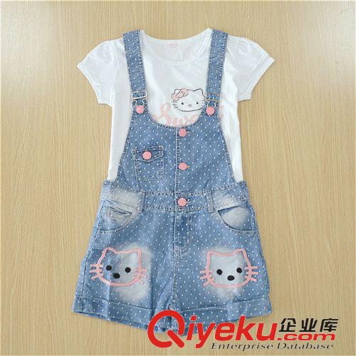 2015新款精品夏裝 批發(fā)2015新款夏裝女童裝牛仔背帶褲短袖兩件套140-165碼一件代發(fā)