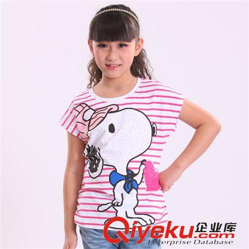 2015新款精品夏裝 童裝2015新款夏裝140-170女童史努比條紋短袖蝙蝠衫汗衫一件代發(fā)