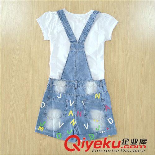 2015新款精品夏裝 熱批15新款夏裝女大童裝短袖T恤牛仔背帶褲兩件套140-165一件代發