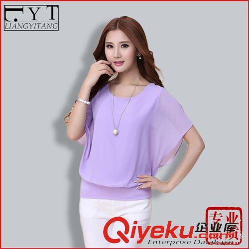 精品女裝上衣 2015夏新款女裝時尚胖MM大碼顯瘦蝙蝠袖寬松短袖純色雪紡衫T恤