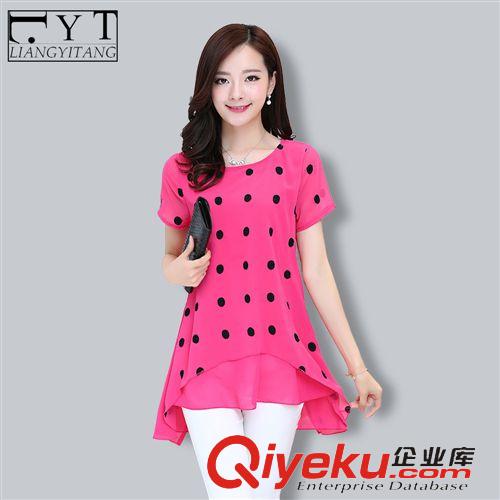 精品女裝上衣 韓版夏女裝新款 胖MM大碼寬松顯瘦波點 短袖圓領中長款雪紡衫T恤