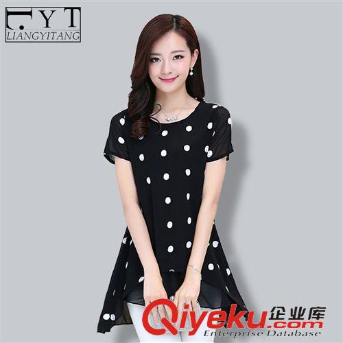 精品女裝上衣 韓版夏女裝新款 胖MM大碼寬松顯瘦波點 短袖圓領中長款雪紡衫T恤