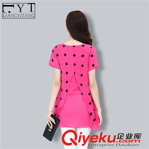 精品女裝上衣 韓版夏女裝新款 胖MM大碼寬松顯瘦波點 短袖圓領中長款雪紡衫T恤