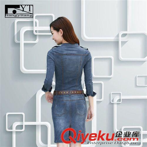 精品女裝上衣 2015韓女裝新款春 大碼休閑立領修身顯瘦收腰包臀 牛仔連衣裙中裙