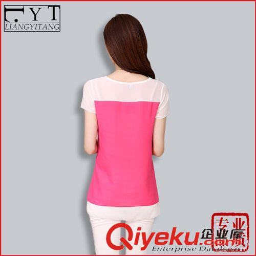 精品女裝上衣 韓版夏新款女裝胖MM大碼寬松顯瘦圓領短袖純色拼接雪紡衫打底衫原始圖片3