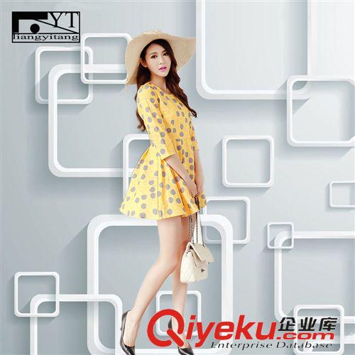 精品女裝上衣 春秋裝新款連衣裙韓版OL氣質女裝修身百搭收腰顯瘦印花圓領打底裙