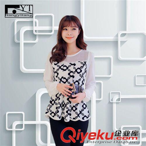 精品女裝上衣 2015新款春女裝 大碼寬松拼接長袖休閑鏤空雪紡 T恤網紗打底衫