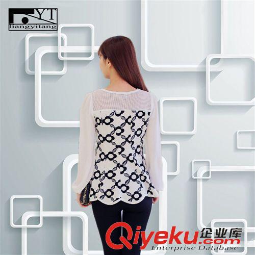 精品女裝上衣 2015新款春女裝 大碼寬松拼接長袖休閑鏤空雪紡 T恤網紗打底衫