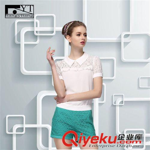 精品女裝上衣 2015英倫夏新款女裝 娃娃領(lǐng)修身氣質(zhì)鏤空短袖襯衫 雪紡衫打底衫原始圖片2