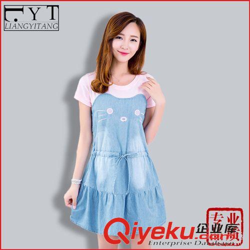 精品女裝上衣 韓版夏新款女裝小清新修身顯瘦短袖假兩件薄款拼接純色牛仔連衣裙原始圖片2
