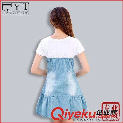 精品女裝上衣 韓版夏新款女裝小清新修身顯瘦短袖假兩件薄款拼接純色牛仔連衣裙原始圖片3