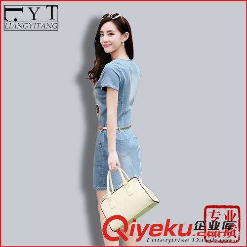 精品女裝上衣 韓版春夏女裝新款 水洗修身顯瘦收腰做舊短袖圓領 牛仔連衣裙薄款原始圖片3